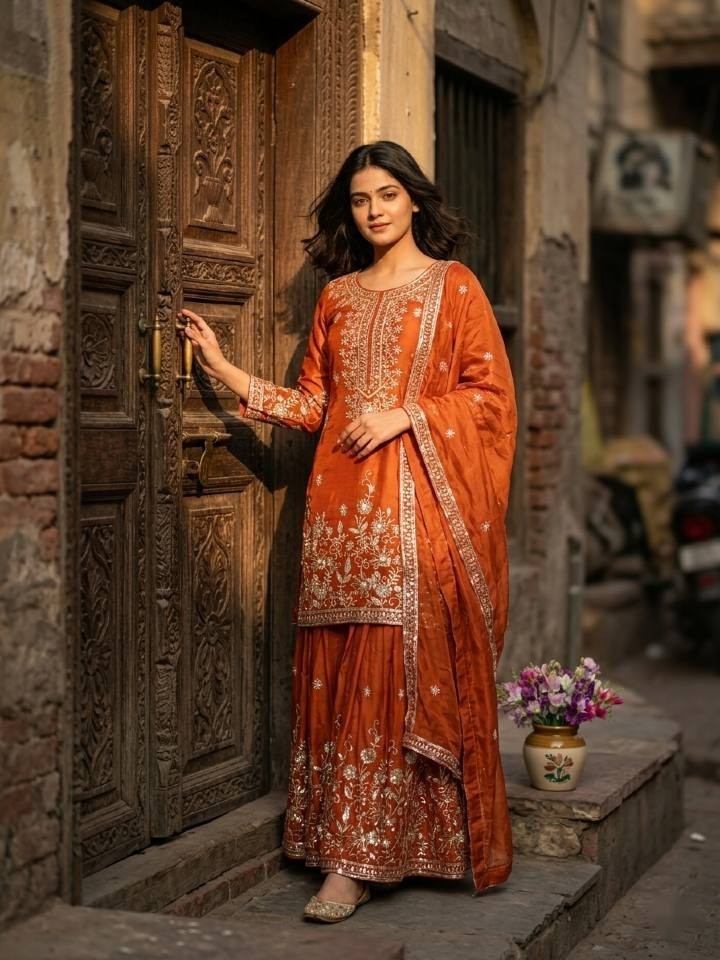 New Designer Multi Pure Silk Top Palazzo With Dupatta For Wedding & Party Wear