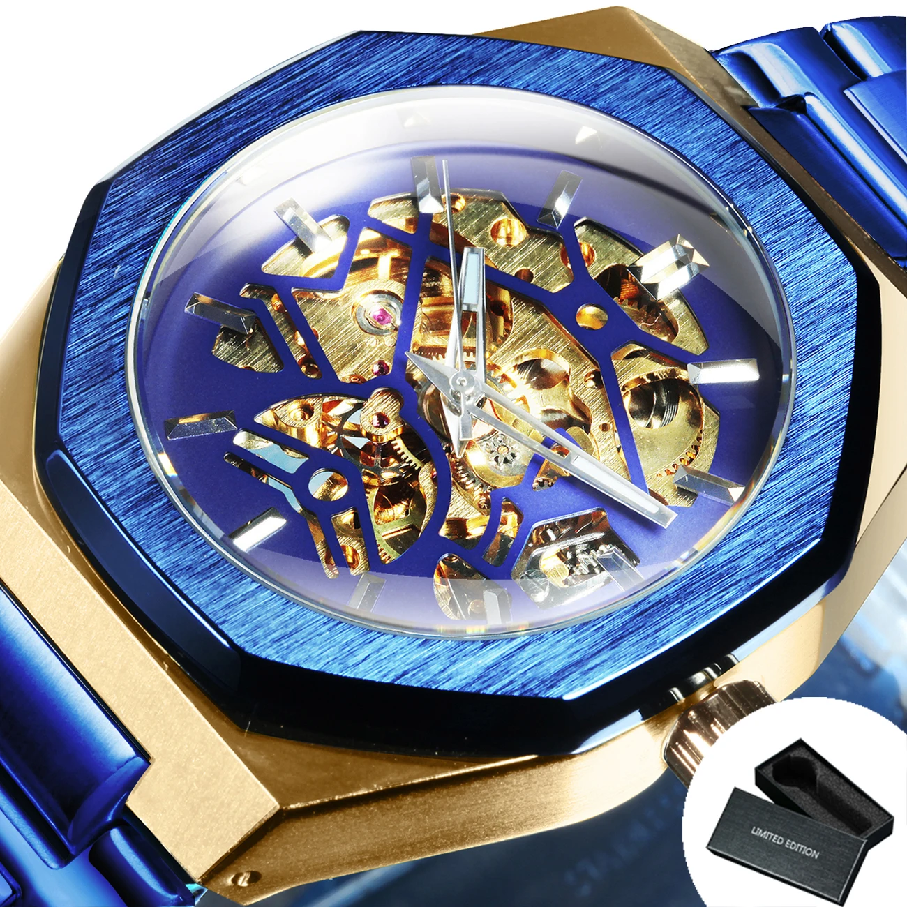 WINNER Black Gold Skeleton Mechanical Watch for Men Stainless Steel 2023