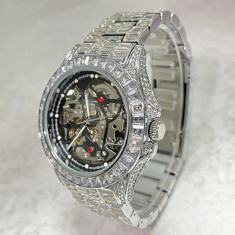 Luxury Skeleton Watch for Men Diamond Hip Hop Automatic Mechanical 22cm