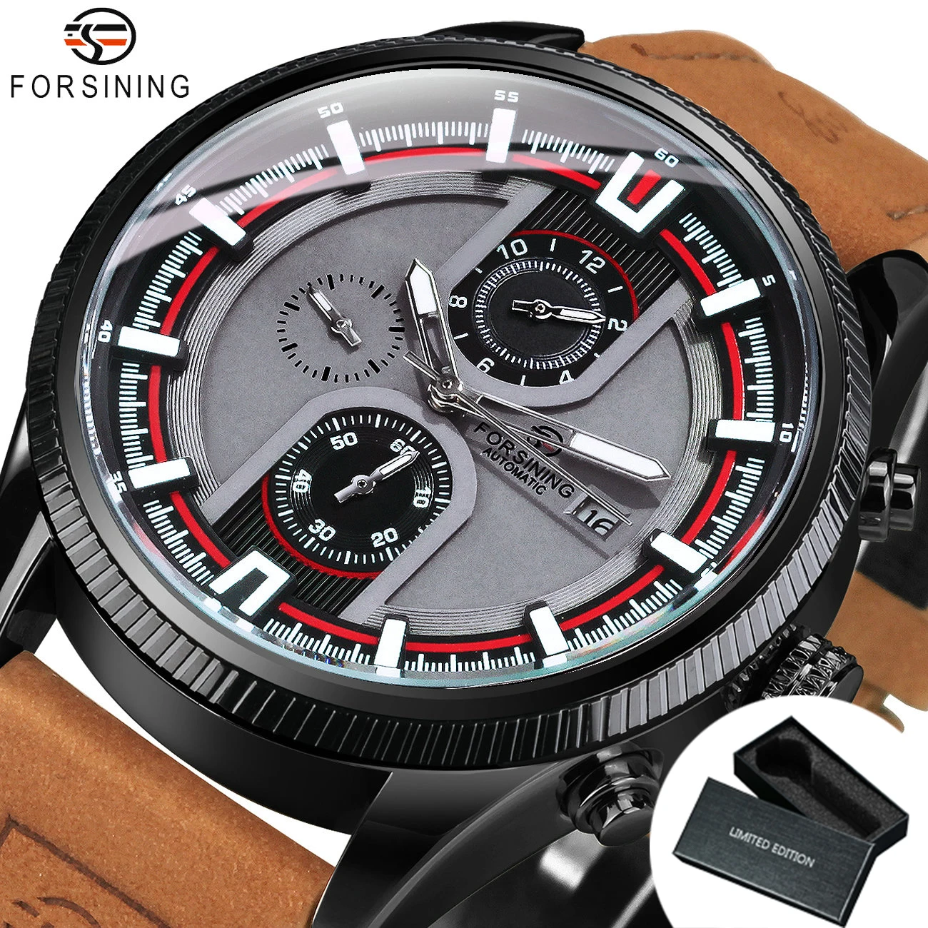 Sports Men’s Luxury Automatic Mechanical Watch Leather Strap Brown