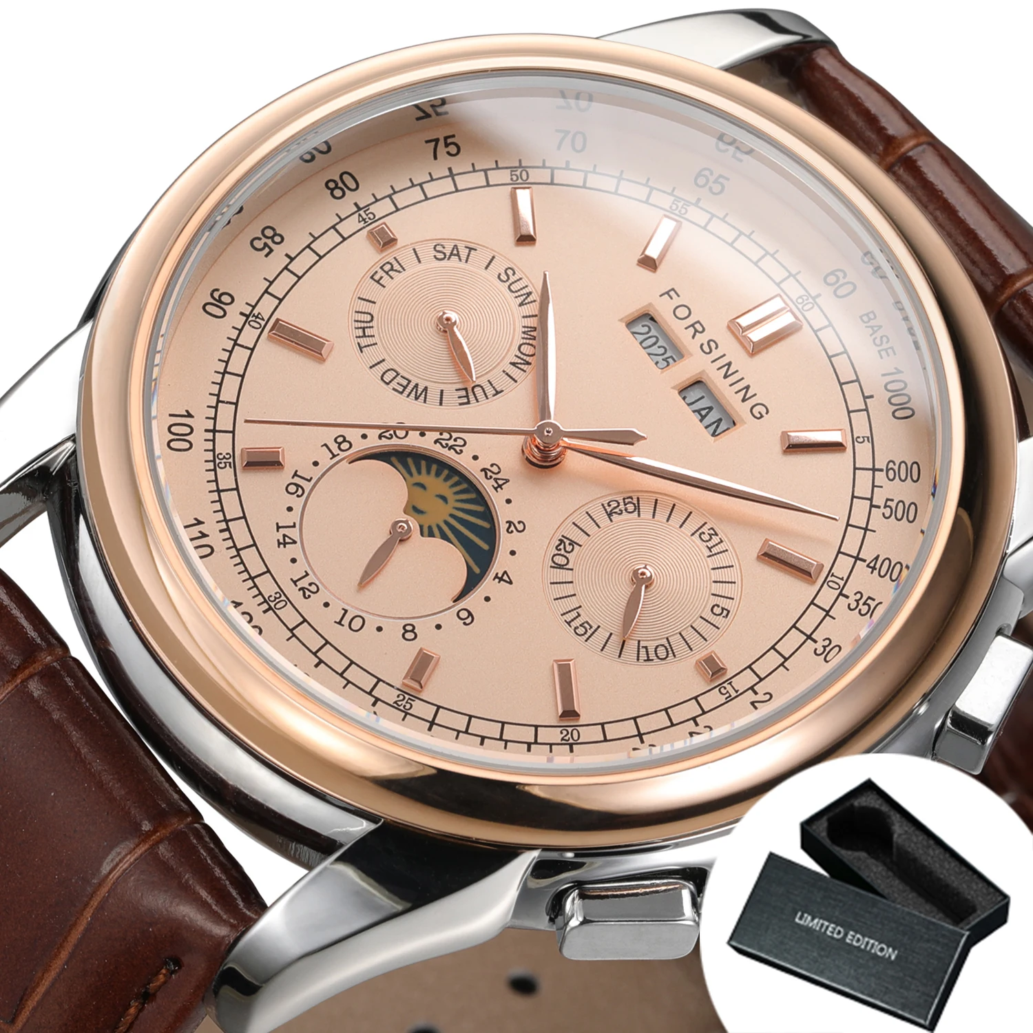 Forsining Automatic Mechanical Watch Lunar Phase Rose Gold Leather Strap