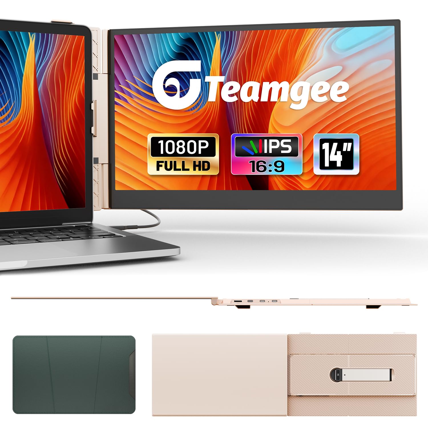 Teamgee 14.1" FHD 1080P Portable Monitor, Rose Gold Laptop Screen Extender