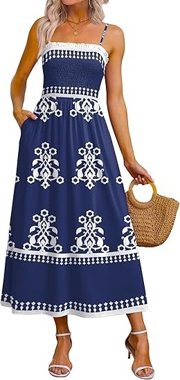 Womens Spaghetti Strap Maxi Dresses Smocked with Pockets 2026 Summer Spring Casu