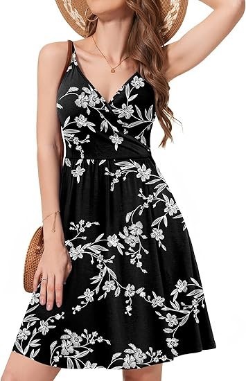 2026 Summer Dresses V Neck Spaghetti Strap Sundress Casual Beach Flowy Mini Dres