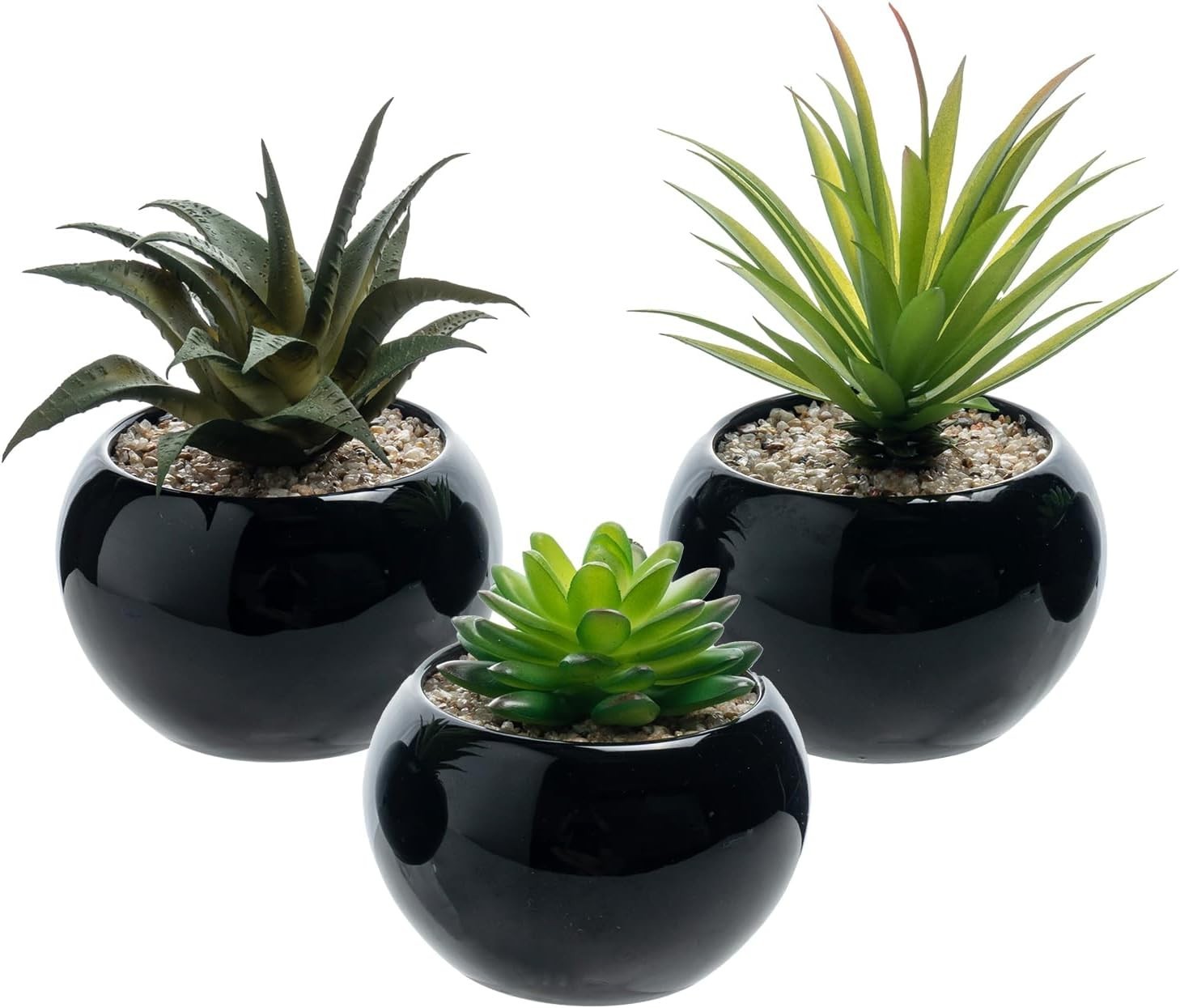 MyGift Set of 3 Potted Artificial Mini Succulent Plants in Brown Round Pots