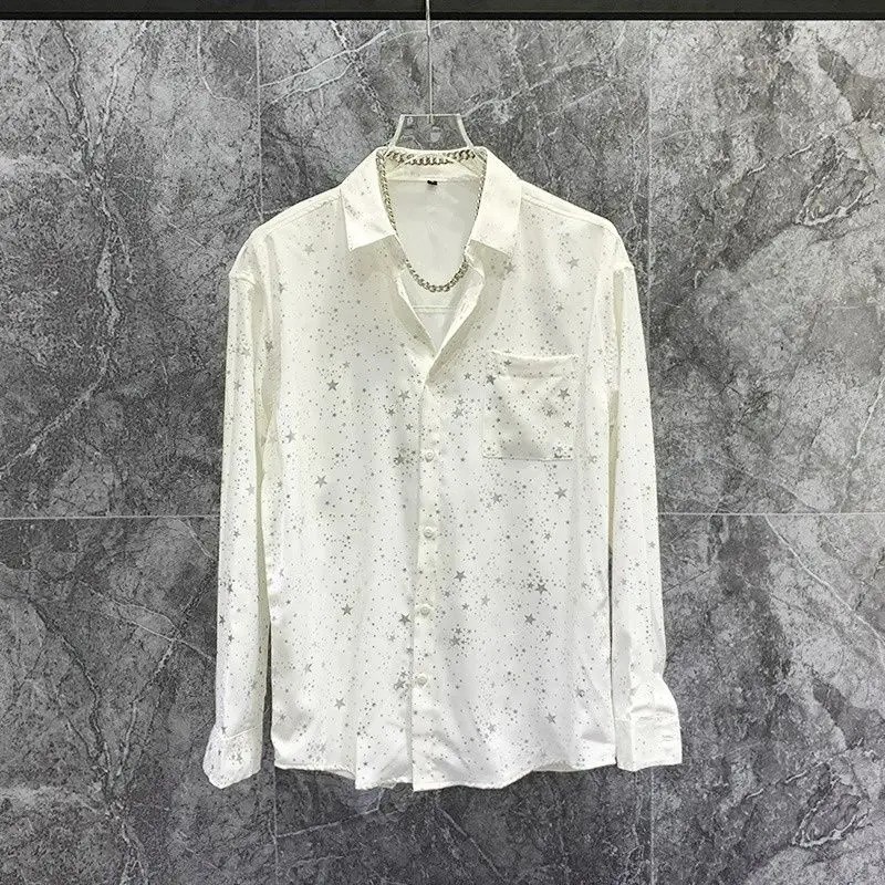 New Men Luxury Stars Sequins Fashion Shirt Black White High Quality