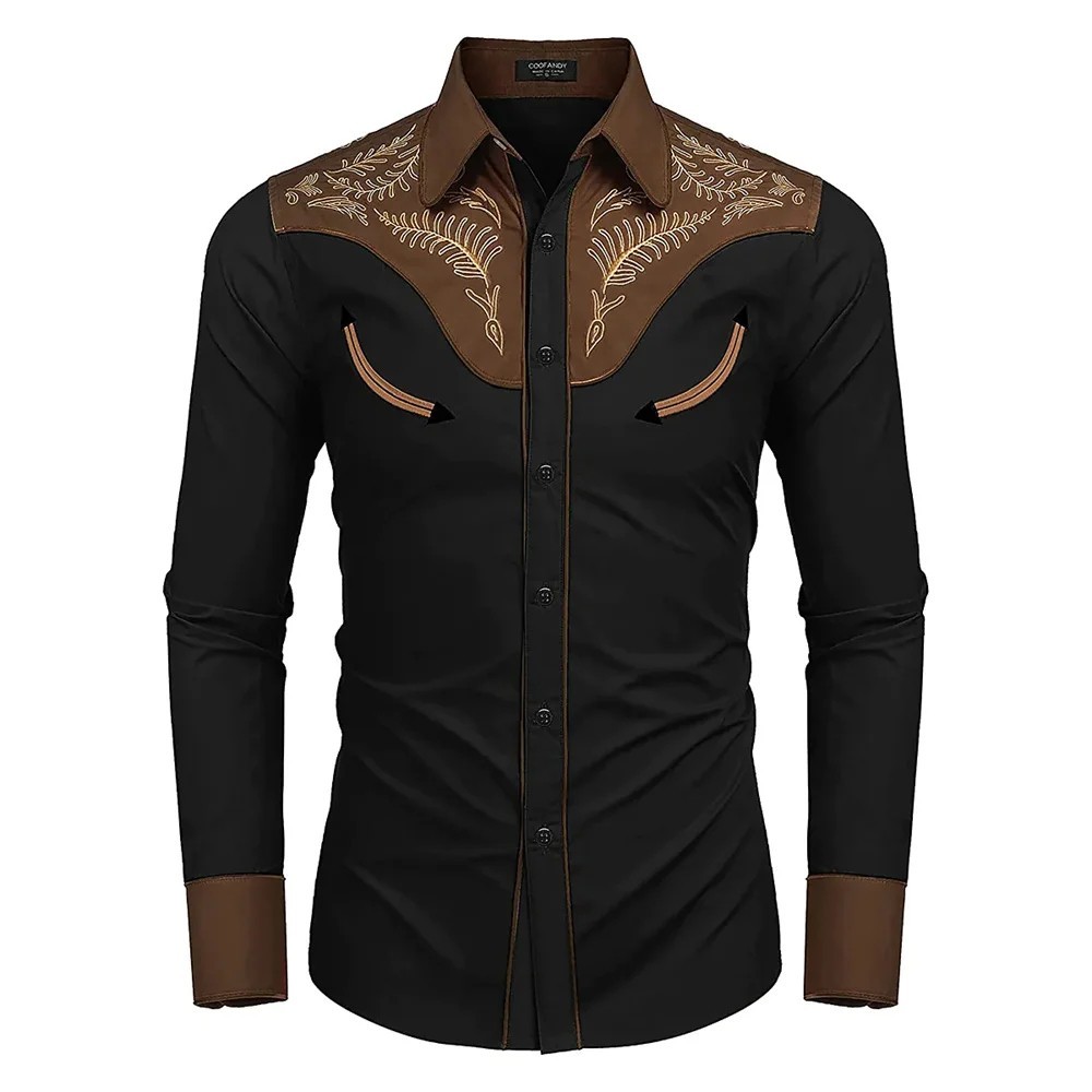 Men’s Western Cowboy Shirt Long Sleeve Retro Printing Casual Buttons Down Shirt