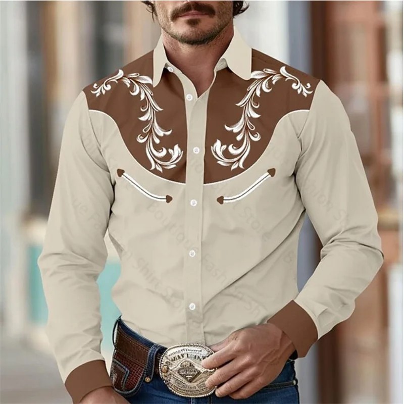 Men’s Western Cowboy Shirt Long Sleeve Retro Printing Casual Buttons Down Shirt