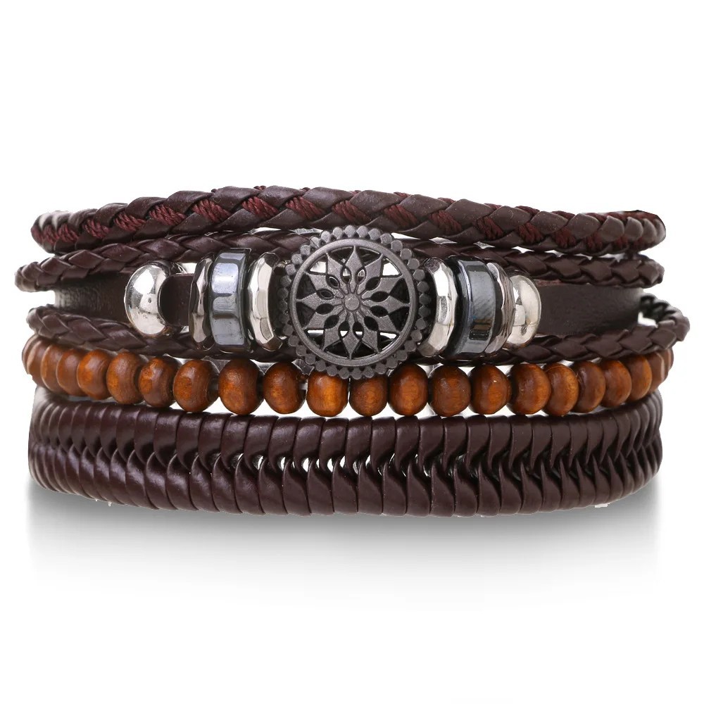 4pcs Men Leather Bracelets Vintage Tree Beads Rope Ethnic Wristband Set
