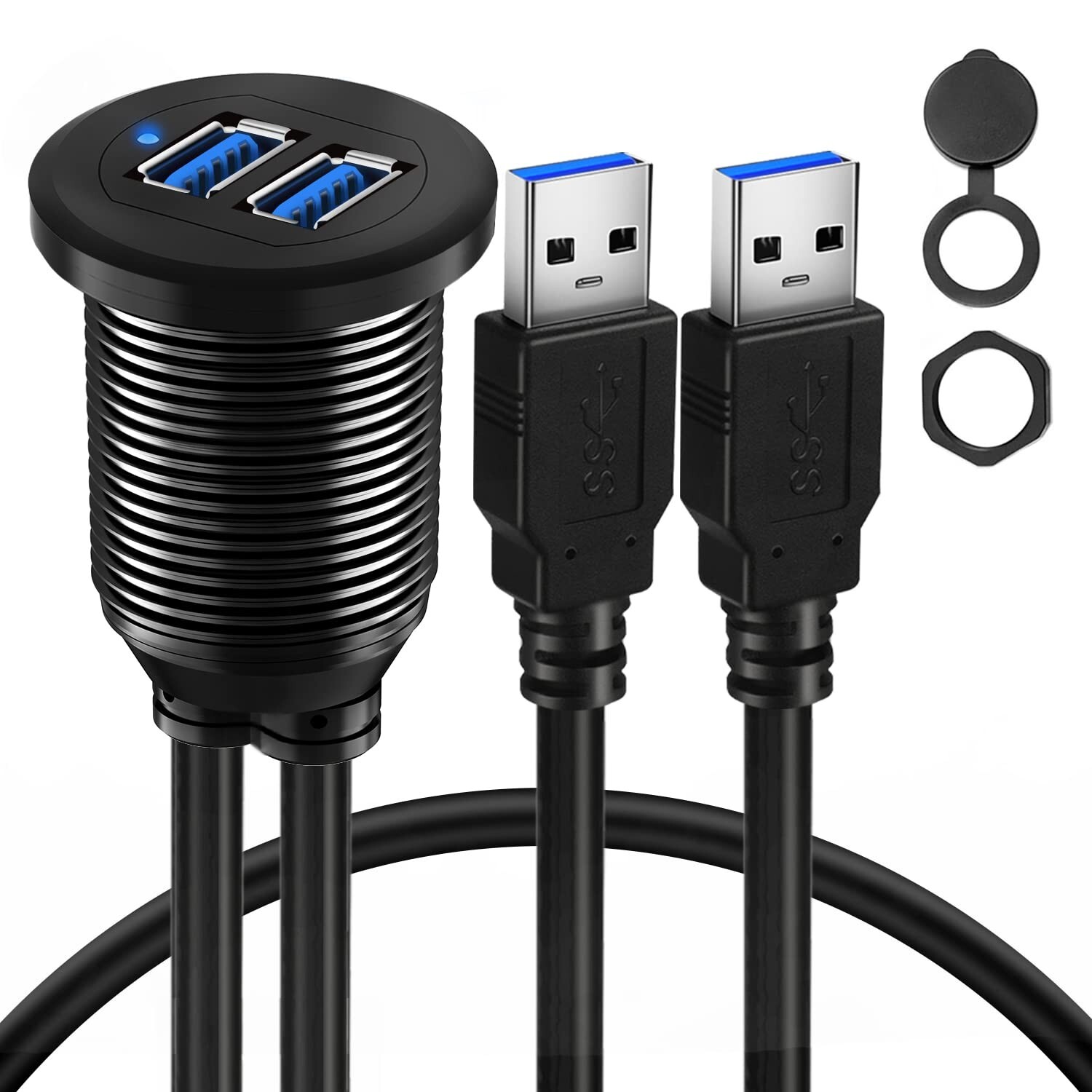 Single Port USB 3.0 Dashboard Mount Extension Cable with LED 1FT