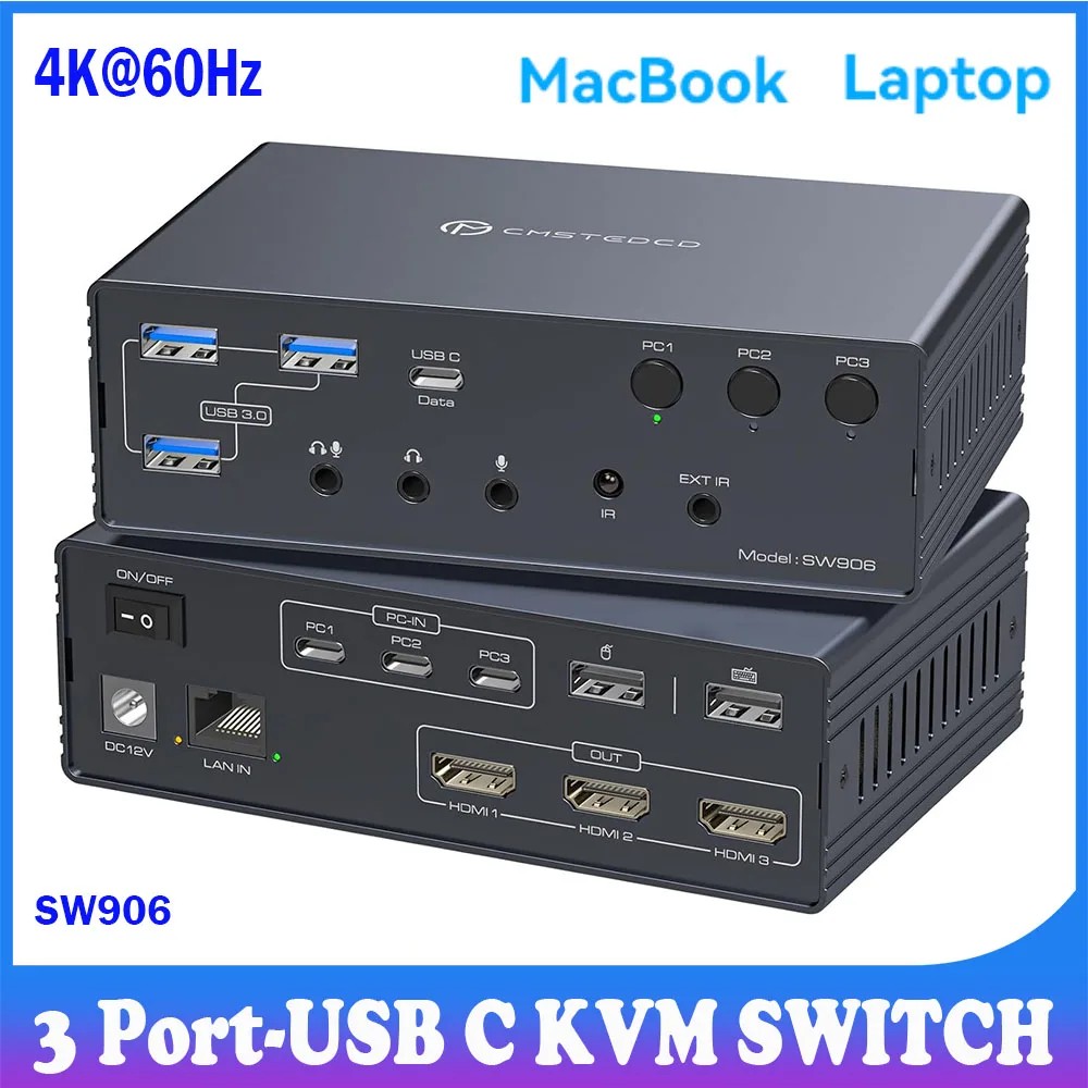 CMSTEDCD 3 Port USB C KVM Switch with 3 HDMI, 4K@60Hz for Laptops & PC SW906
