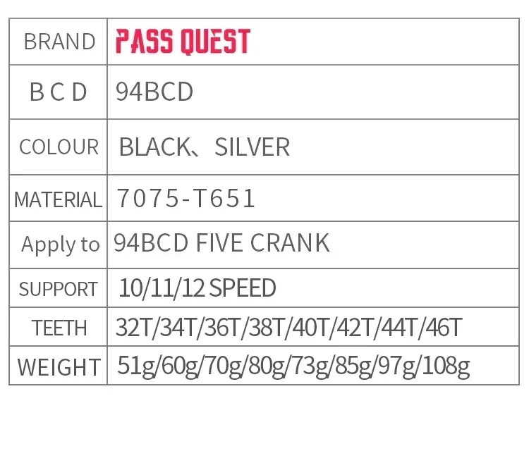 PASS QUEST 34T 94BCD-5 Bolt Narrow Wide Sprocket for 10/11/12 Speed Bikes