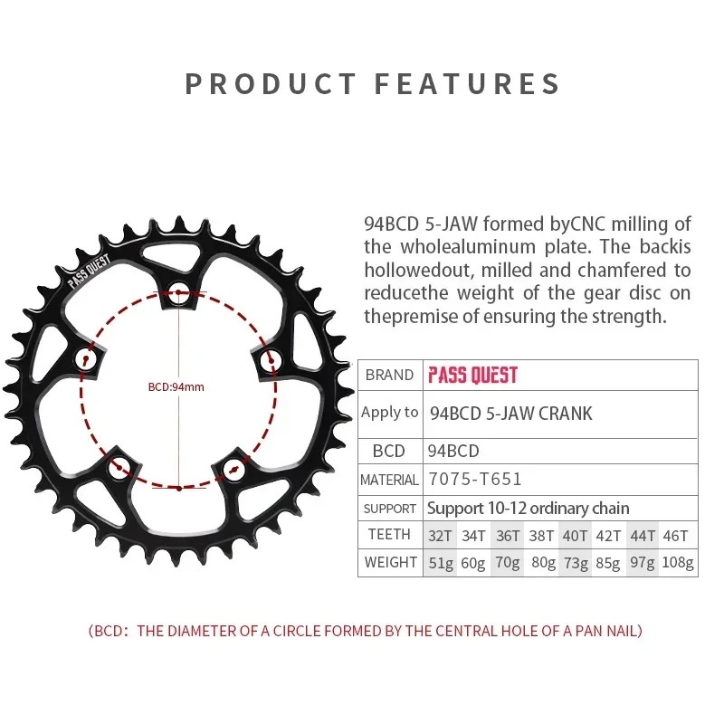 PASS QUEST 34T 94BCD-5 Bolt Narrow Wide Sprocket for 10/11/12 Speed Bikes