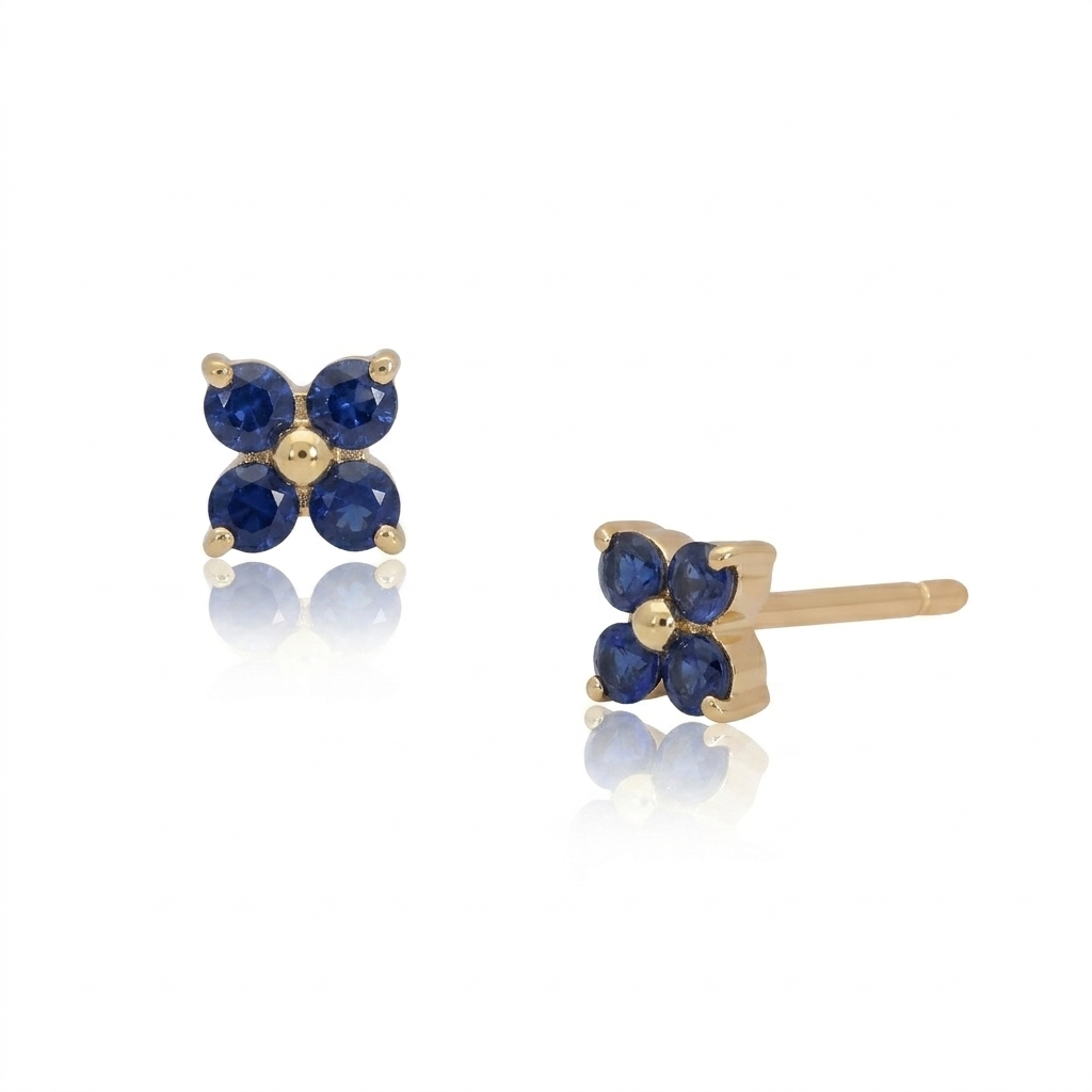 14K Gold Floral Stud Earrings with Natural Diamond, Pink & Blue Sapphire - Picture 7 of 8