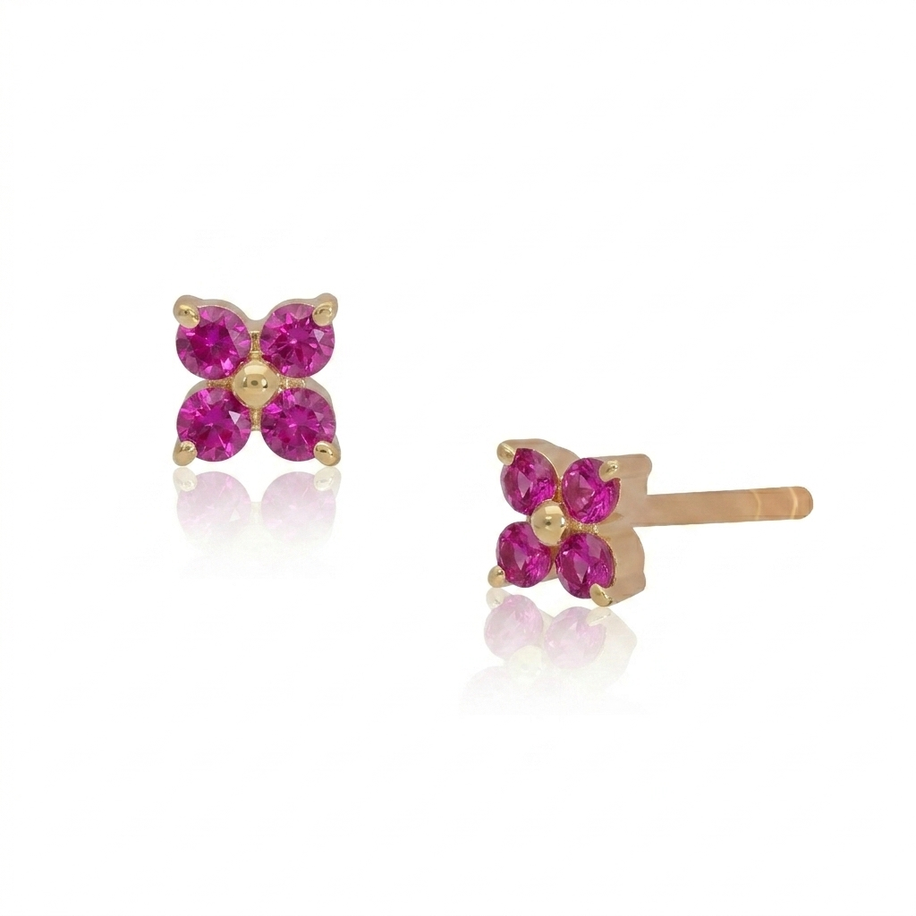 14K Gold Floral Stud Earrings with Natural Diamond, Pink & Blue Sapphire - Picture 8 of 8