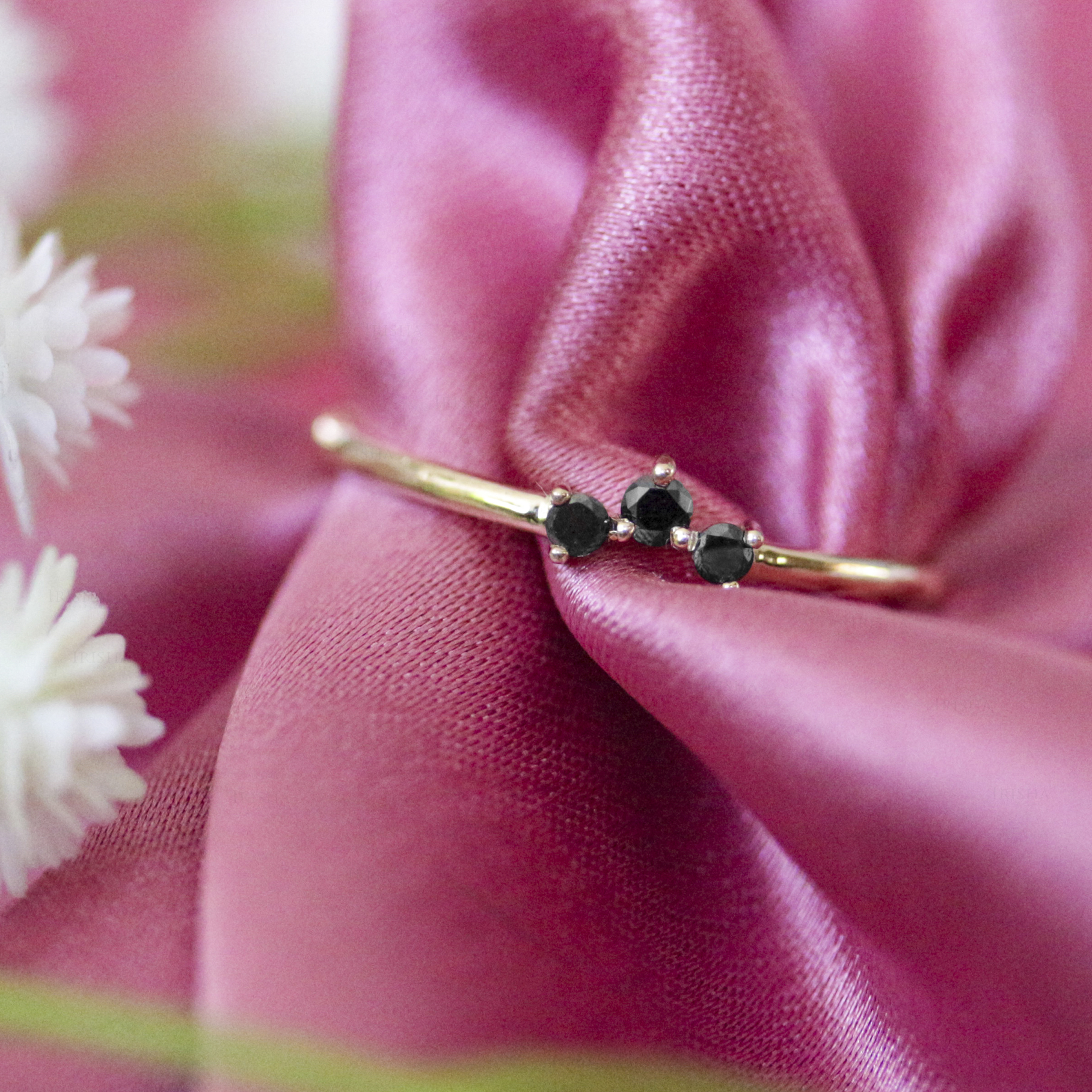 14K Yellow Gold Genuine Black Diamond Stacking Ring -  Everyday - Picture 5 of 6
