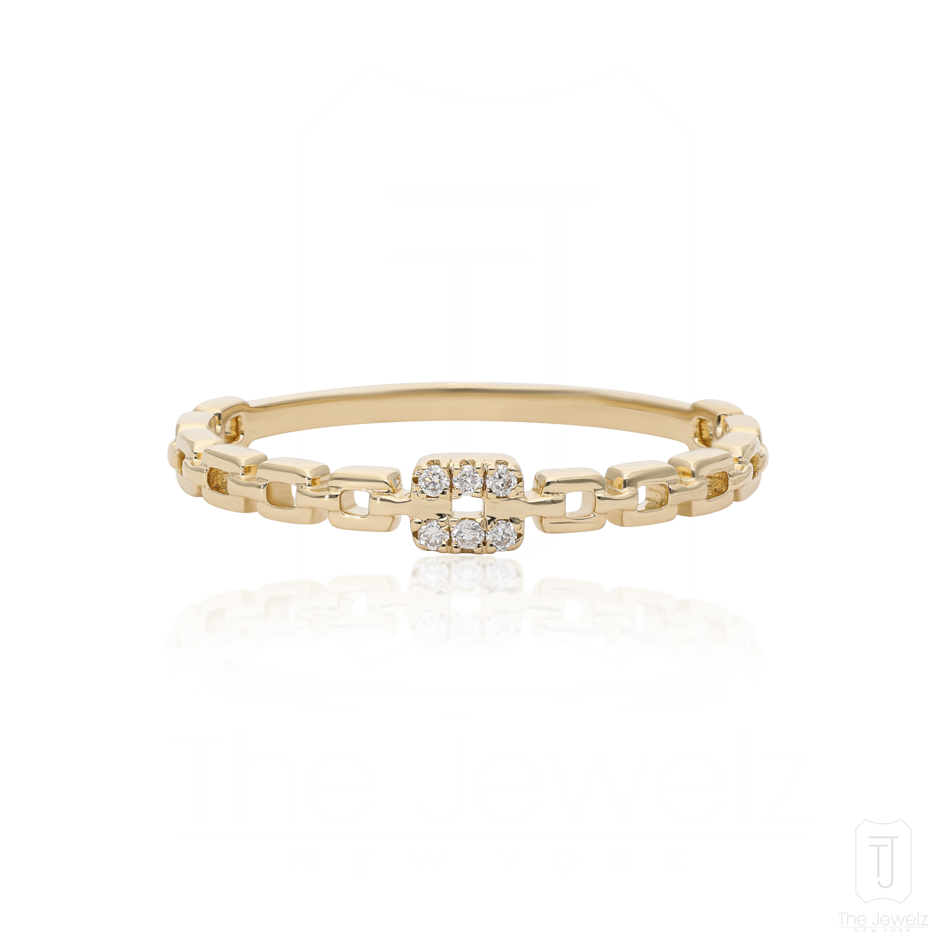 14k Gold Linked Chain Ring with Diamond Accent - Elegant Minimalist Jewelry - Picture 9 of 11