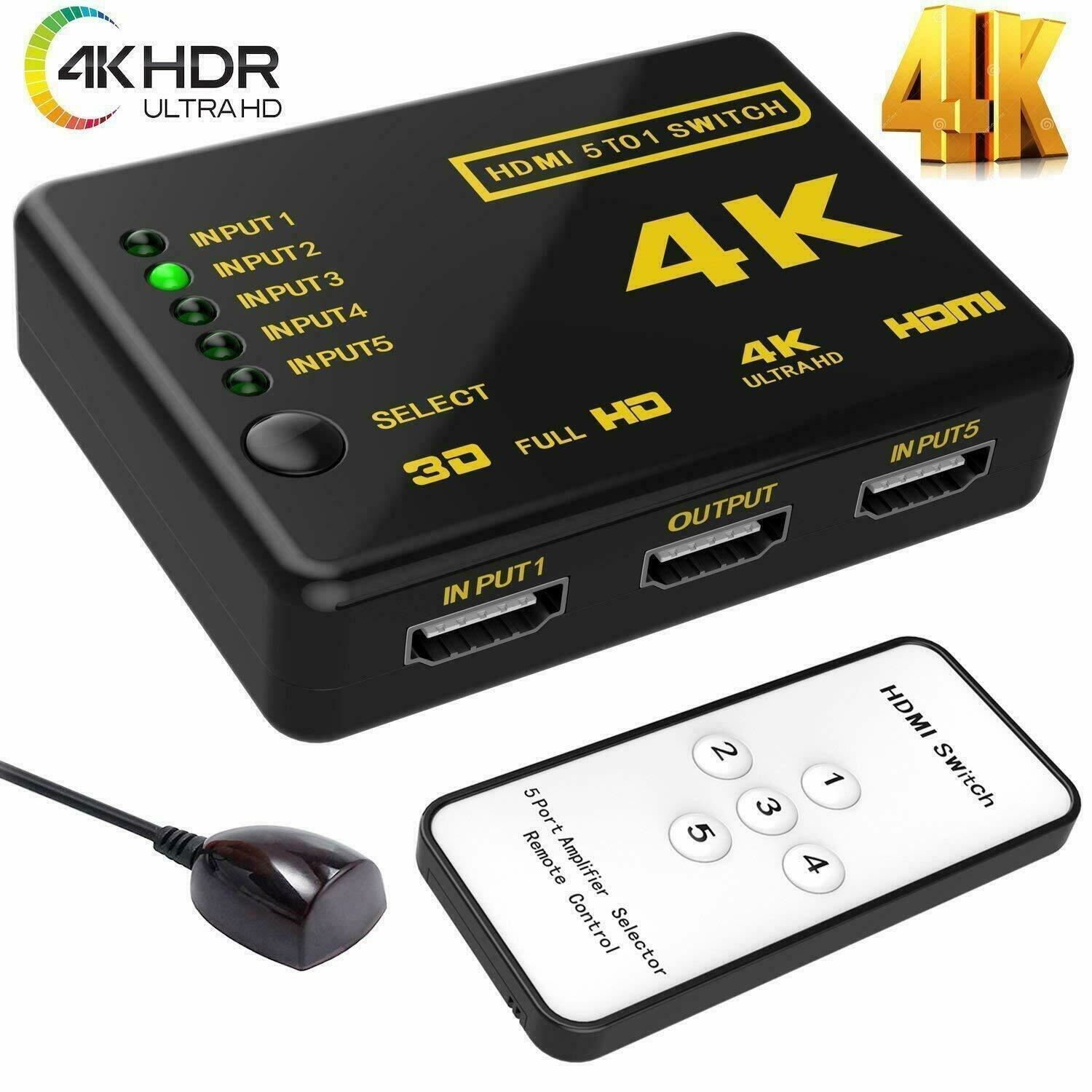 4K HDMI Switch Switcher 5 Port Splitter Hub IR Remote For HDTV PS5 & 5 In 1 Out