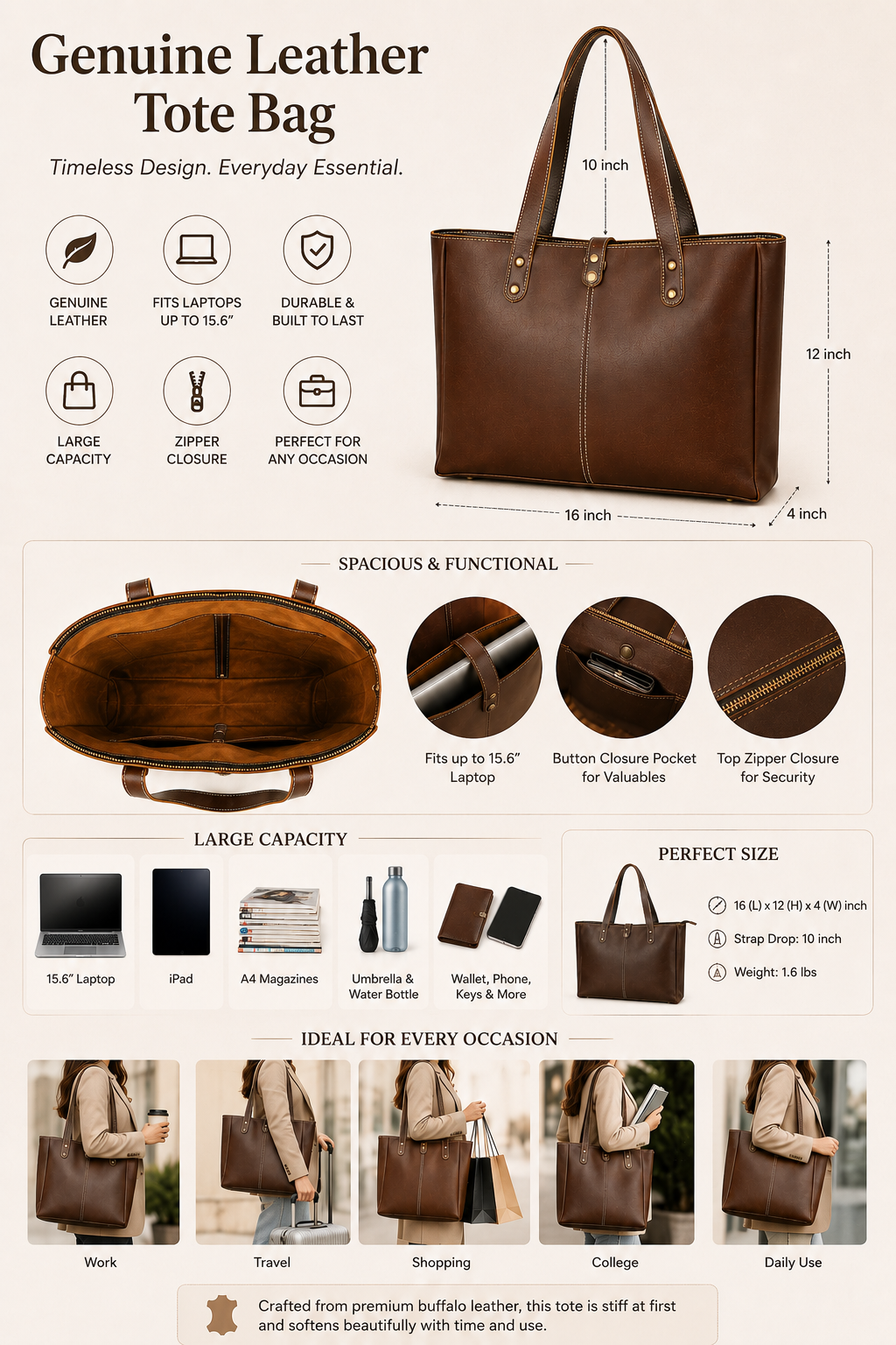Brown leather tote bag lifestyle image