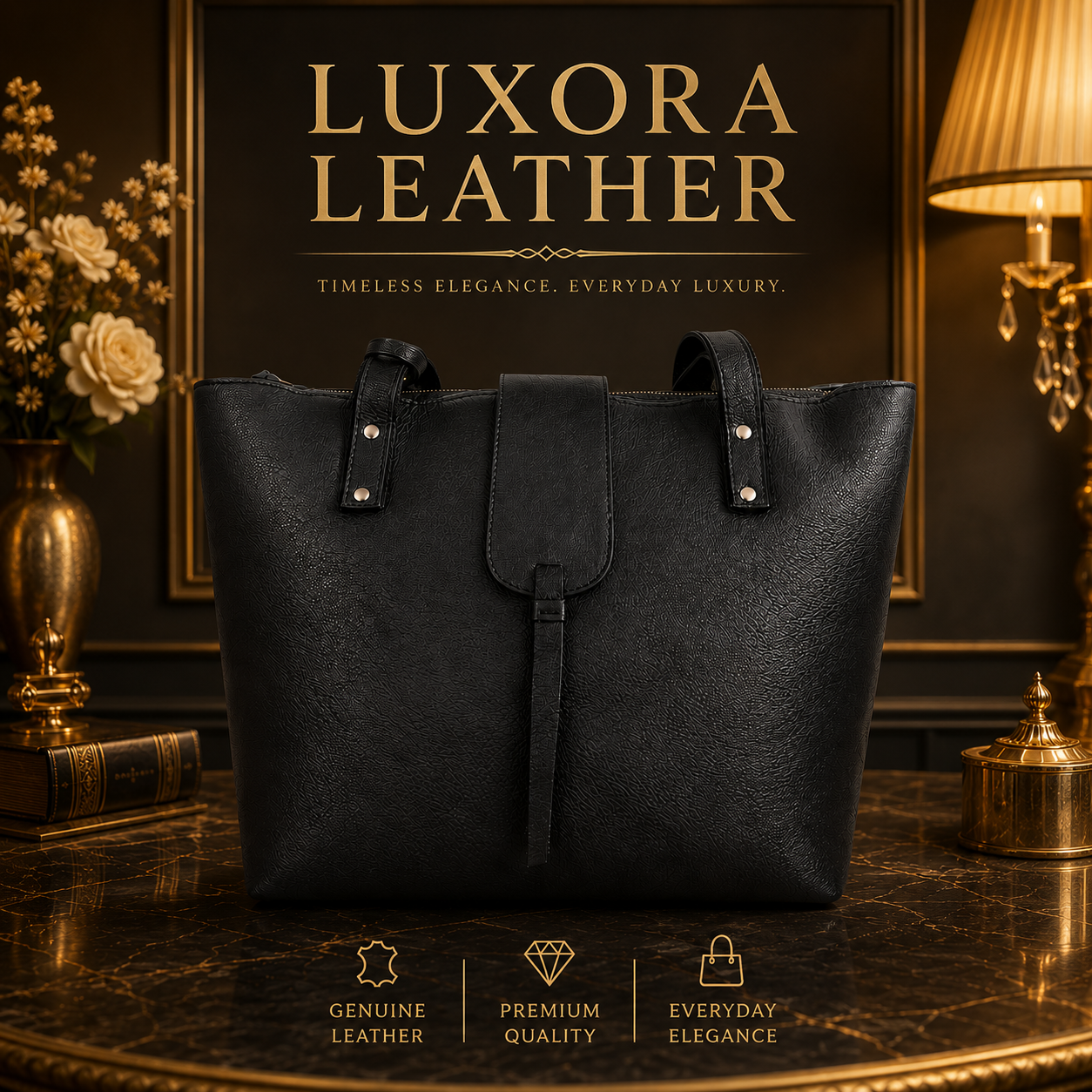 Black genuine leather tote bag for women