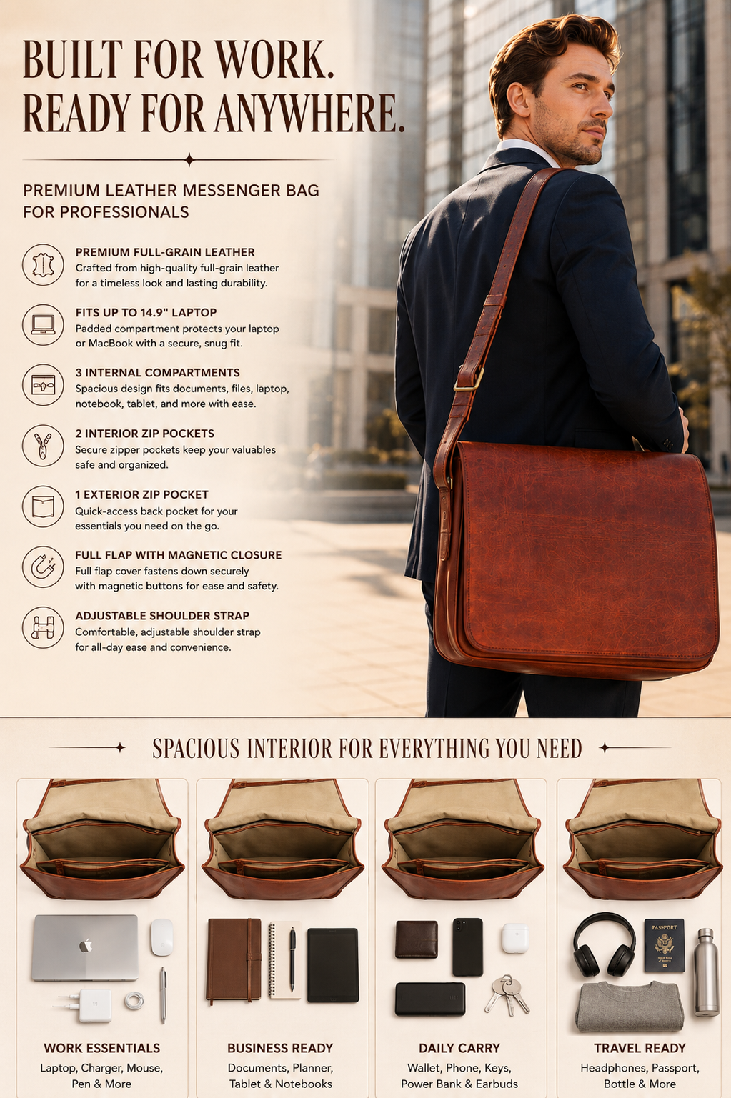 Leather messenger bag features