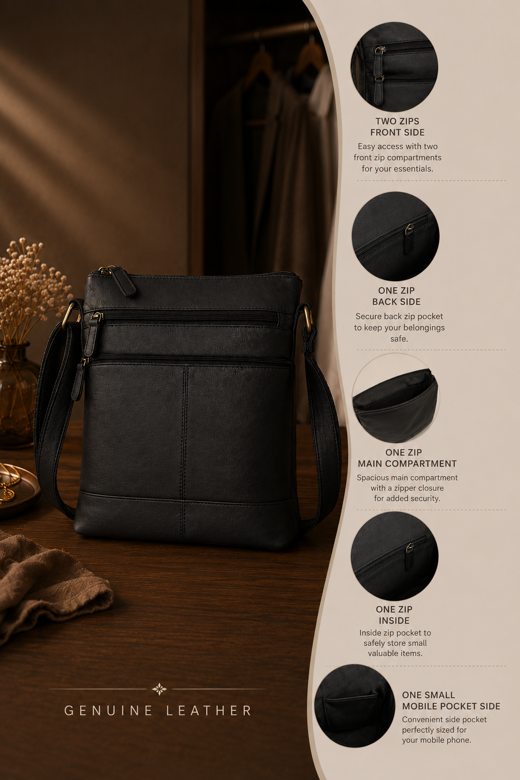 Women's genuine leather black crossbody shoulder bag