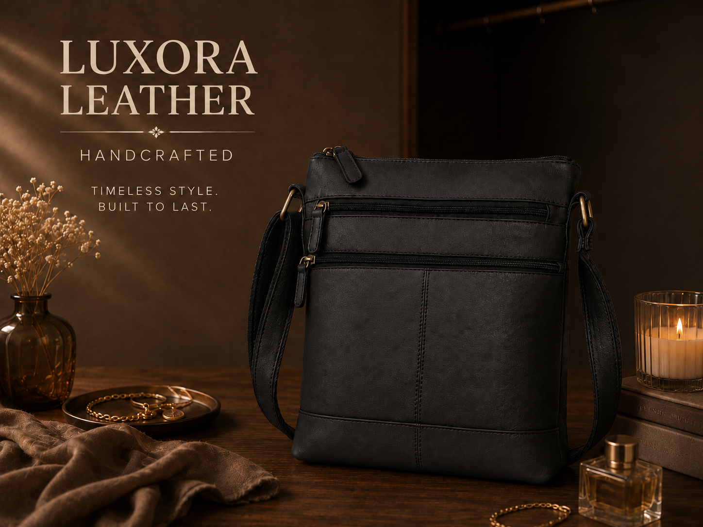 Women's genuine leather black crossbody shoulder bag