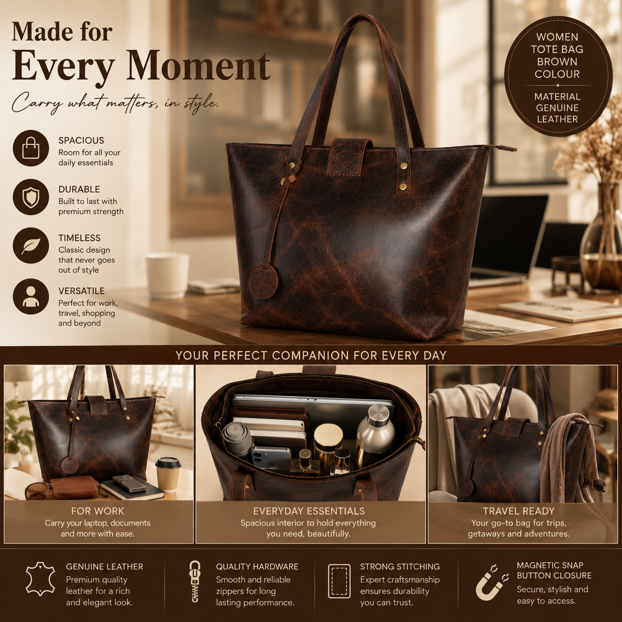 Leather tote bag lifestyle image