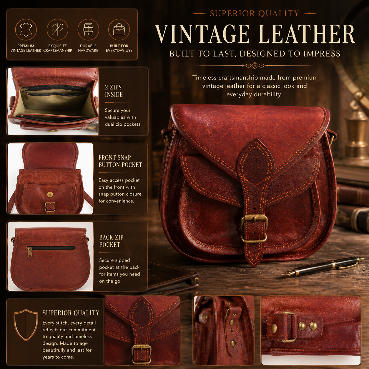 Women's genuine buffalo leather crossbody satchel bag