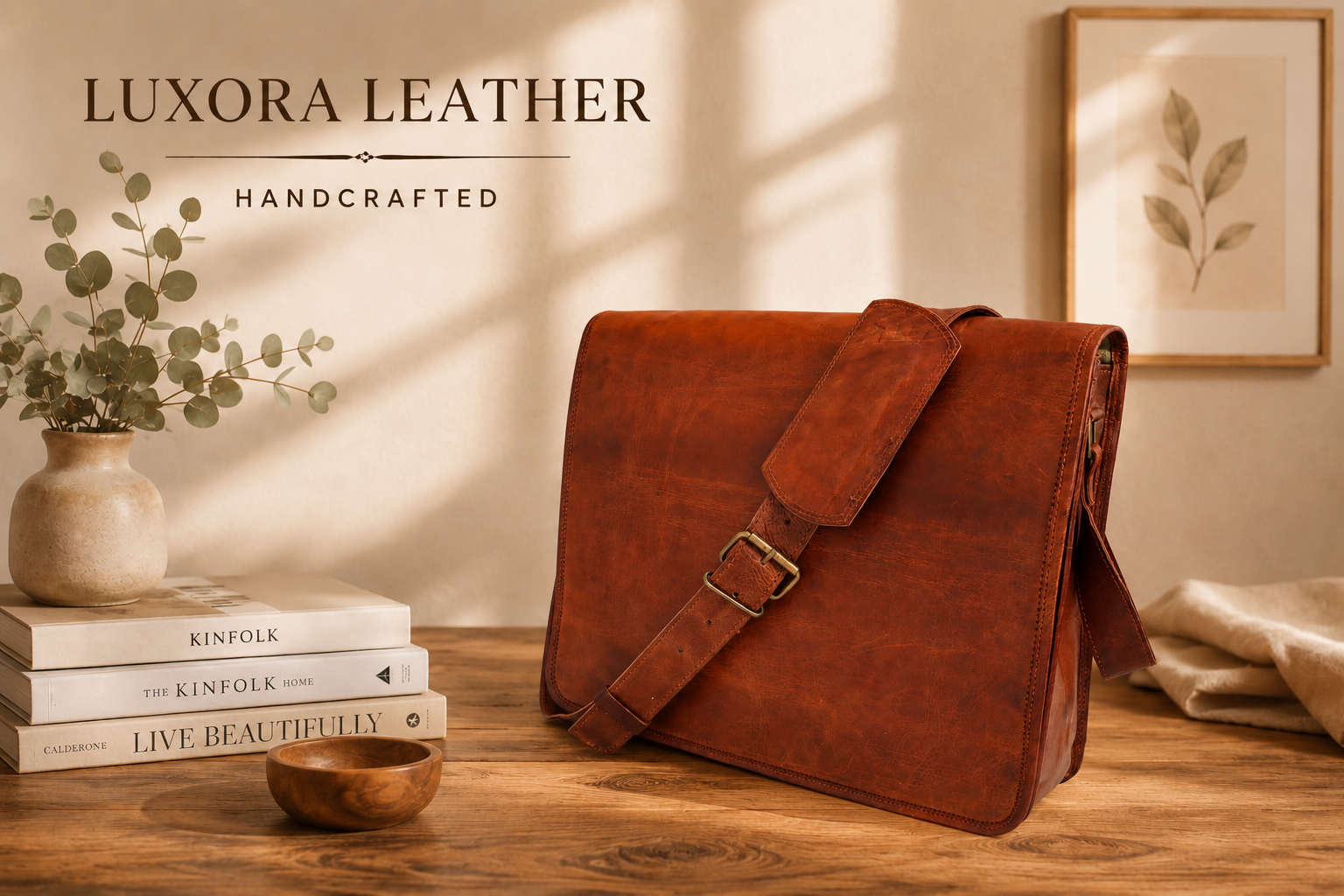 Leather messenger bag details