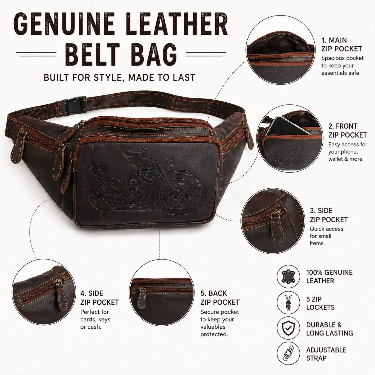 Genuine leather waist bag details