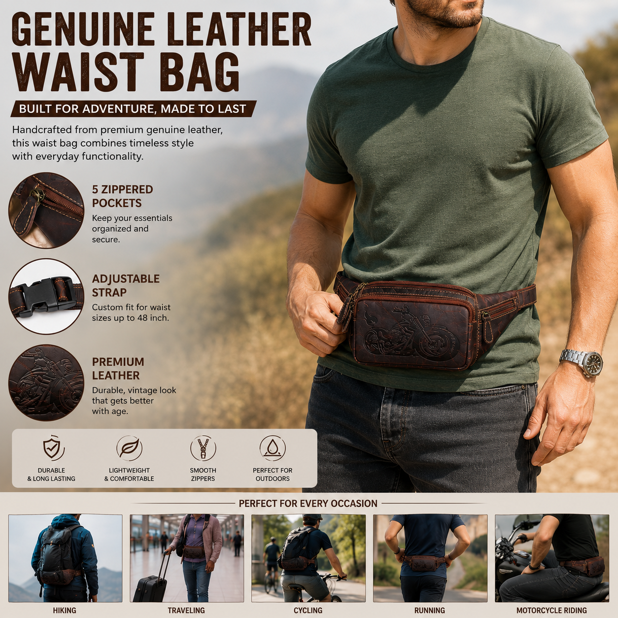 Genuine leather waist bag details