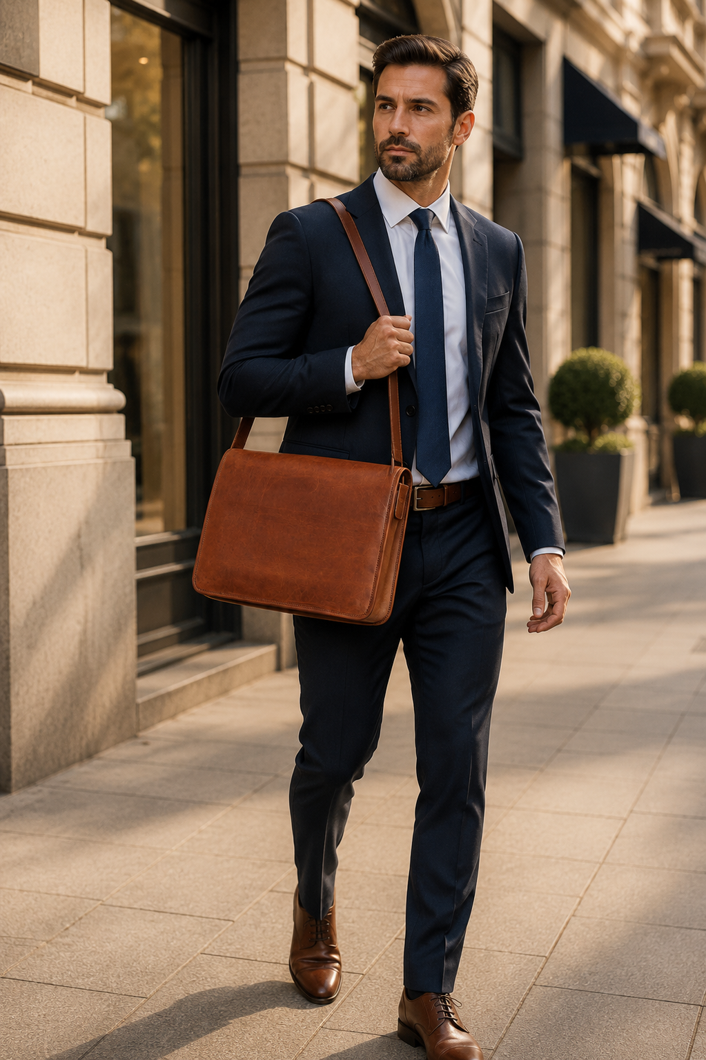 Leather messenger bag lifestyle and storage