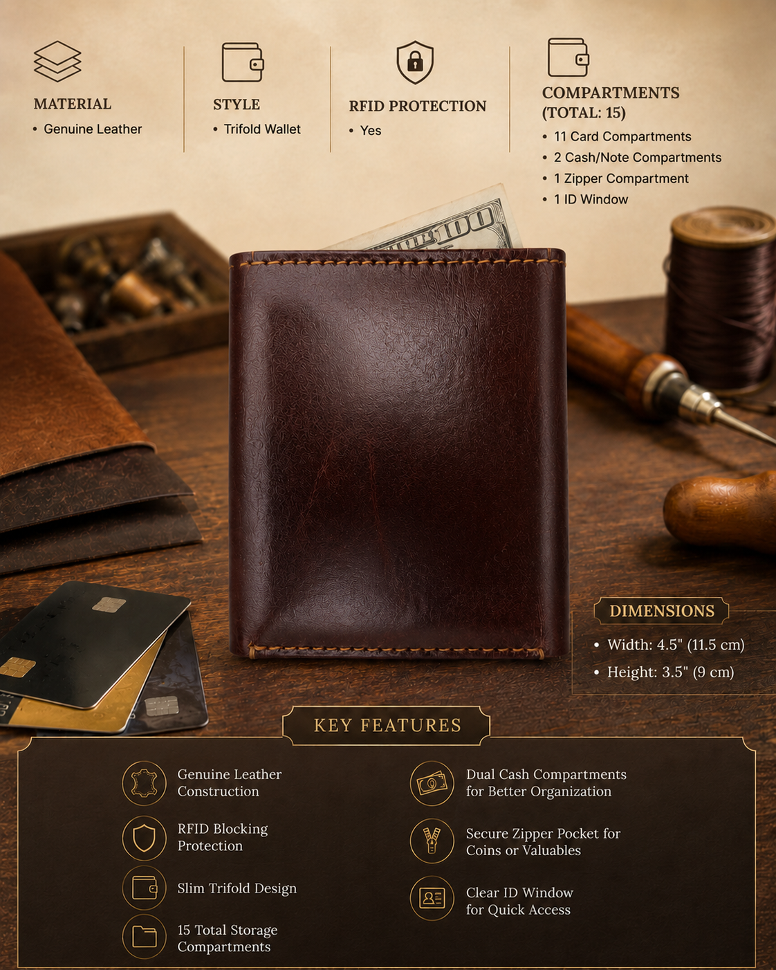 Premium genuine cow crunch leather trifold wallet details