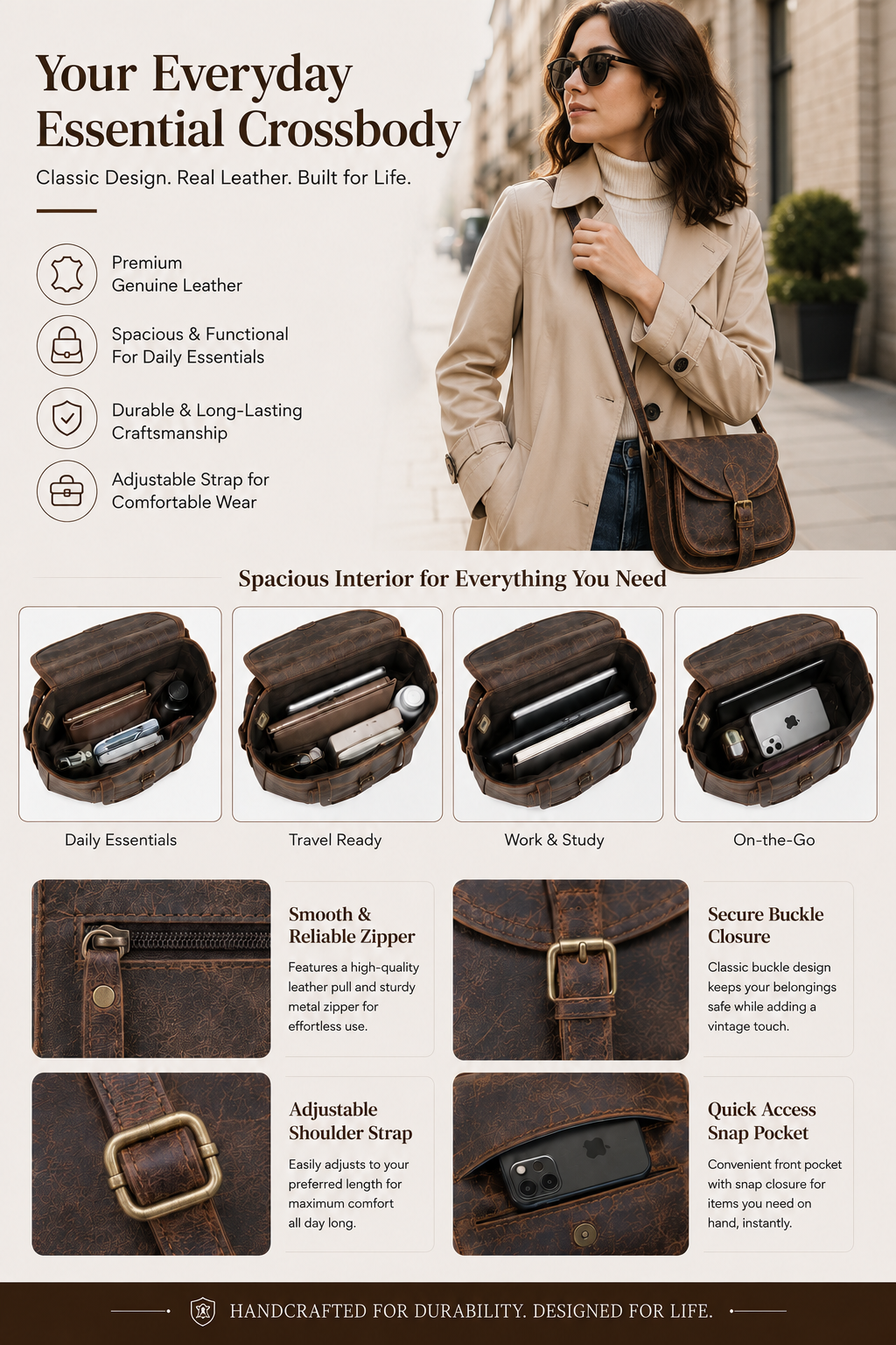 Leather bag storage and compartments
