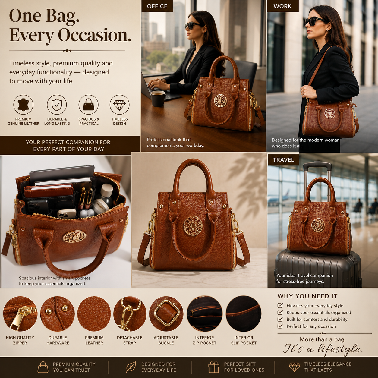 Genuine leather tote bag details
