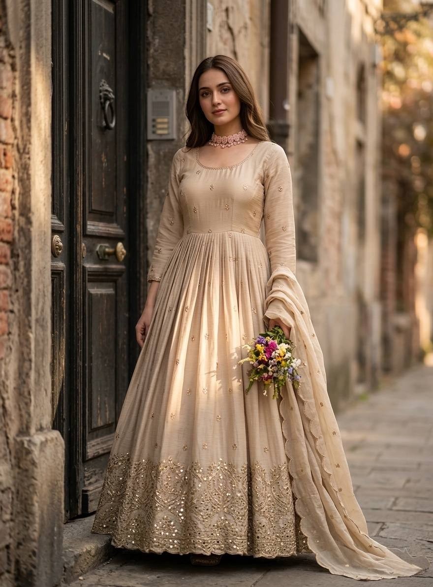 Women Pure Cinon Silk Gown Party Wear Wedding Ethnic Dress Outfit Bollywood Part