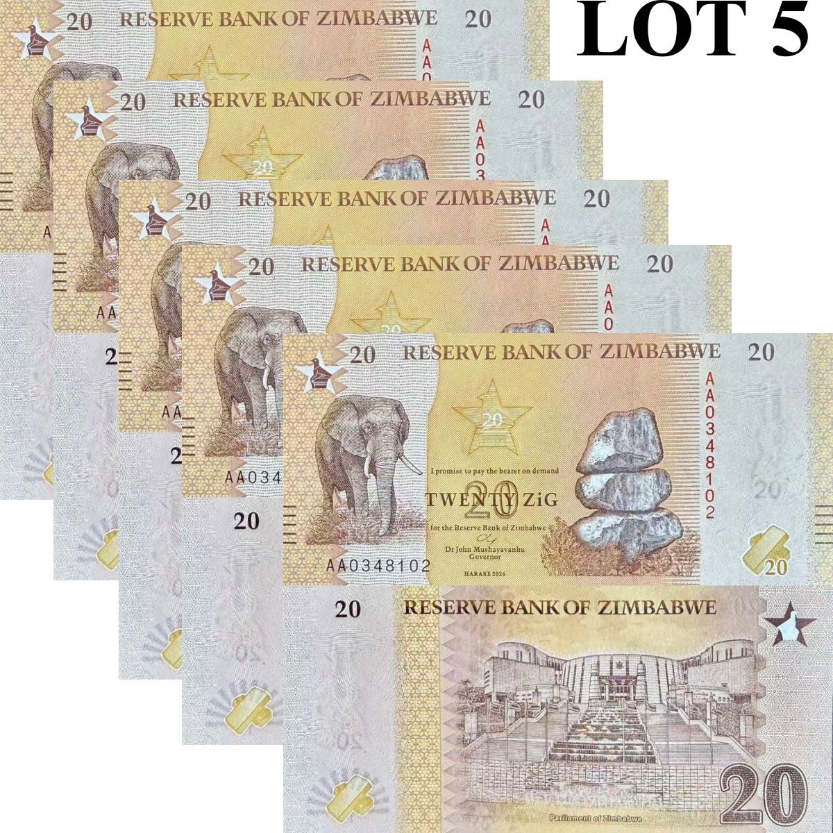 Zimbabwe 20 Zig 2026 P NEW Design UNC 1/20 Bundle Lot 5 pcs