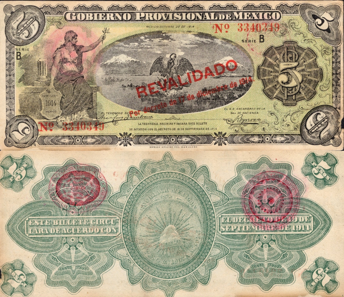 Mexico 5 Peso 1914 P S702b Circulated SERIE B
