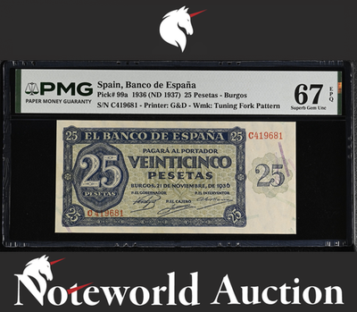 Spain Banco de Espana 25 Pesetas 1936 (ND 1937) P 99a UNC PMG 67 EPQ 2nd TOP POP