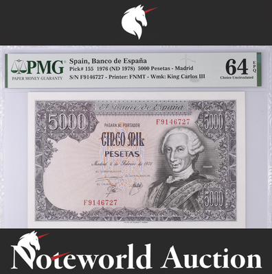 Spain Banco de Espana 5000 Pesetas 1976 (ND 1978) P 155 UNC PMG 64 EPQ