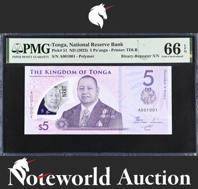 Tonga 5 Pa'anga 2023 P 51 Polymer Binary-Repeater S/N UNC PMG 66 EPQ 3rd TOP POP