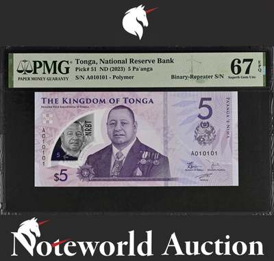 Tonga 5 Pa'anga 2023 P 51 Polymer Binary-Repeater S/N UNC PMG 67 EPQ 2nd TOP POP