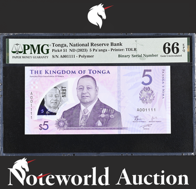 Tonga 5 Pa'anga 2023 P 51 Polymer Binary NO. 001111 UNC PMG 66 EPQ 3rd TOP POP