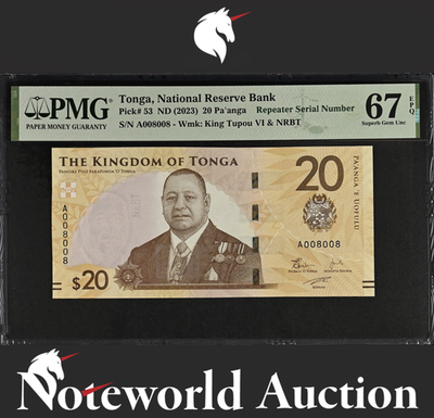 Tonga 20 Pa'anga ND (2023) P 53 Repeater NO. 008008 UNC PMG 67 EPQ 2nd TOP POP