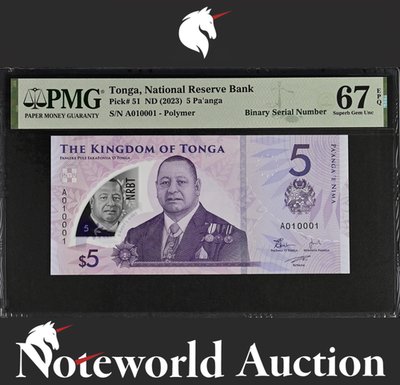 Tonga 5 Pa'anga 2023 P 51 Polymer Binary NO. 010001 UNC PMG 67 EPQ 2nd TOP POP