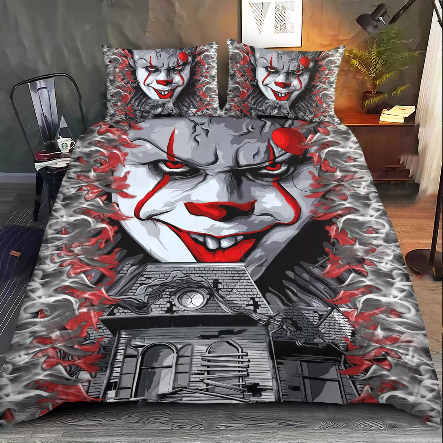 Horror Pennywise IT Clown Haunted Mansion Spooky Halloween 3D Quilt Bedding Set - Picture 1 of 3
