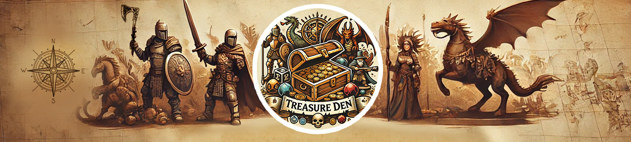 A banner with typical fantasy characters like knights, a sorceress, a winged horse montaged into a treasure map.