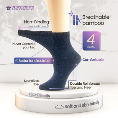 Women Diabetic Bamboo Sock  Quarter Extra Loose 4 Pack Large 10-12 Denim Blue - Picture 2 of 9