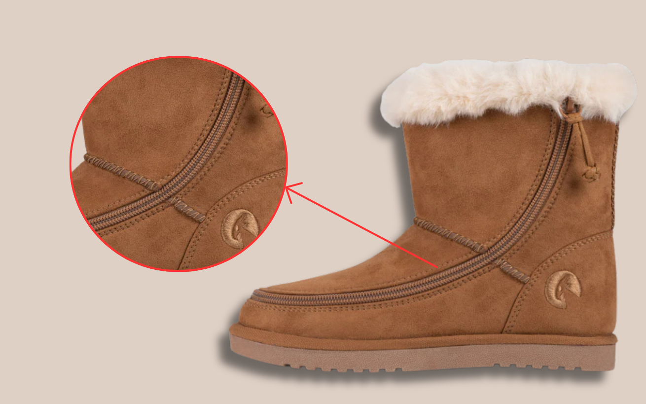 Brown Billy Footwear adaptive shoes shown with one closed and one fully open to highlight features like zipper toggle for easy access, adjustable laces, foam heel with rubber tread, and memory foam insole with width options for enhanced comfort.